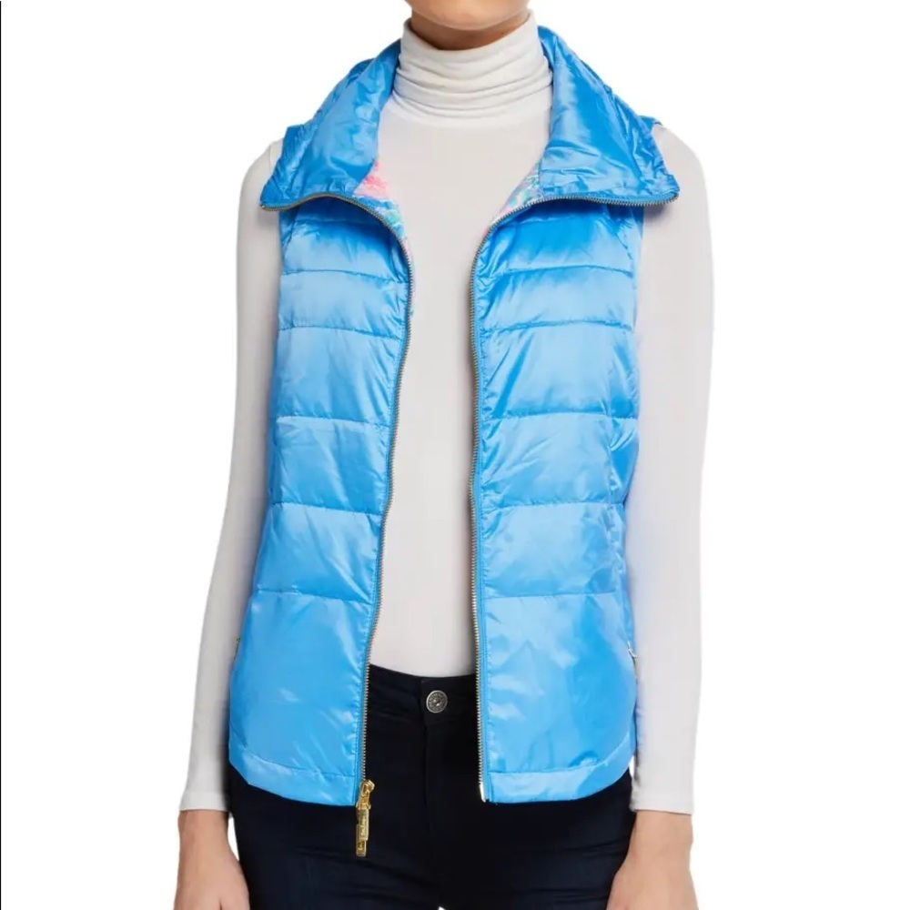 Lilly Pulitzer Palm Paradise Zip Front Vest Zanzibar Blue puffer warm preppy